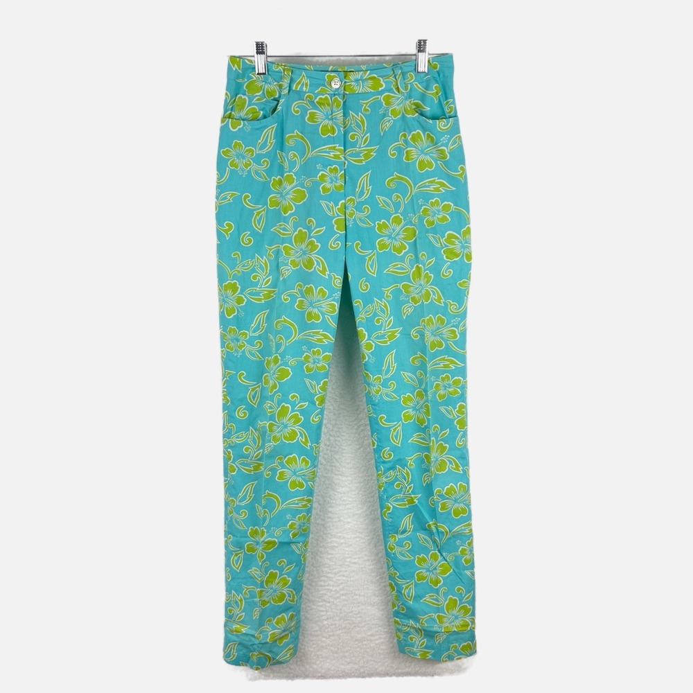 J McLAUGHLIN Preppy Colorful Fun Lime Blue Floral Cotton Unlined Pant Size 4 USA